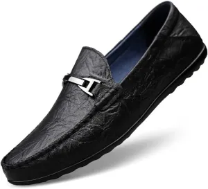 Men's Loafers Round Toe Moccasins Shoes Simple Leather Flat Heel Slip Resistant Lightweight Classic Outdoor Slip-ons