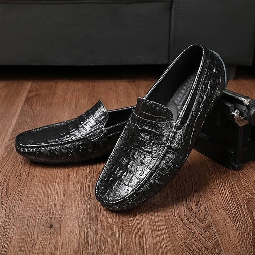 Mens Loafers Shoe Crocodile Grain Stitching Details Penny Loafer Round Toe Genuine Leather Flat Heel Flexible Anti-Slip Prom Party Slip On