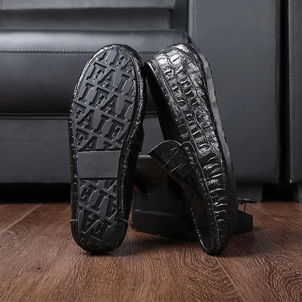 Mens Loafers Shoe Crocodile Grain Stitching Details Penny Loafer Round Toe Genuine Leather Flat Heel Flexible Anti-Slip Prom Party Slip On