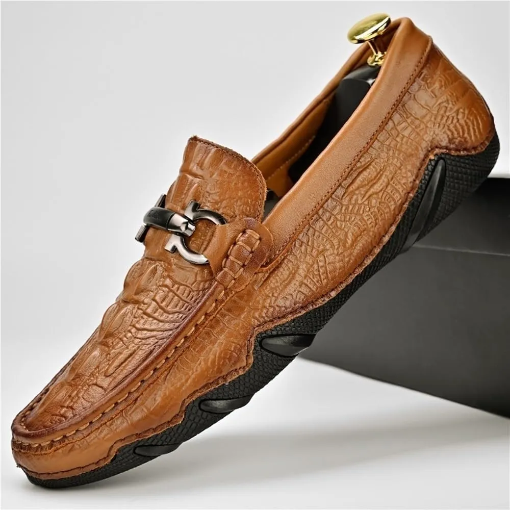 Men's Loafers Shoes Moccasins Faux Crocodile Print Round Toe Leather Flat Heel Resistant Flexible Outdoor Party Slip On