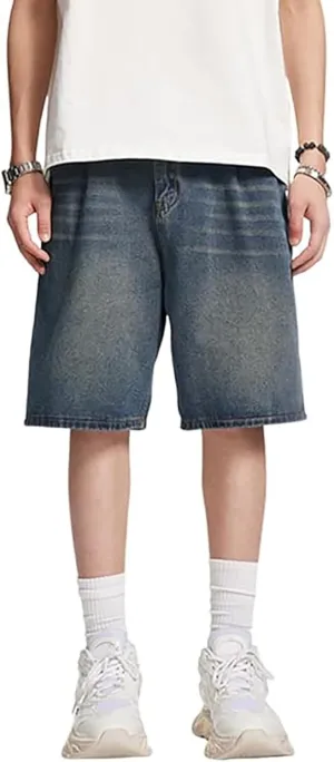 Men's Loose Fit Hip Hop Cropped Jean Shorts Baggy Denim Shorts with Pockets Casual Summer Streetwear Clothes