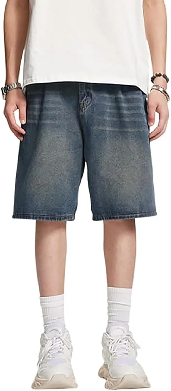 Men's Loose Fit Hip Hop Cropped Jean Shorts Baggy Denim Shorts with Pockets Casual Summer Streetwear Clothes