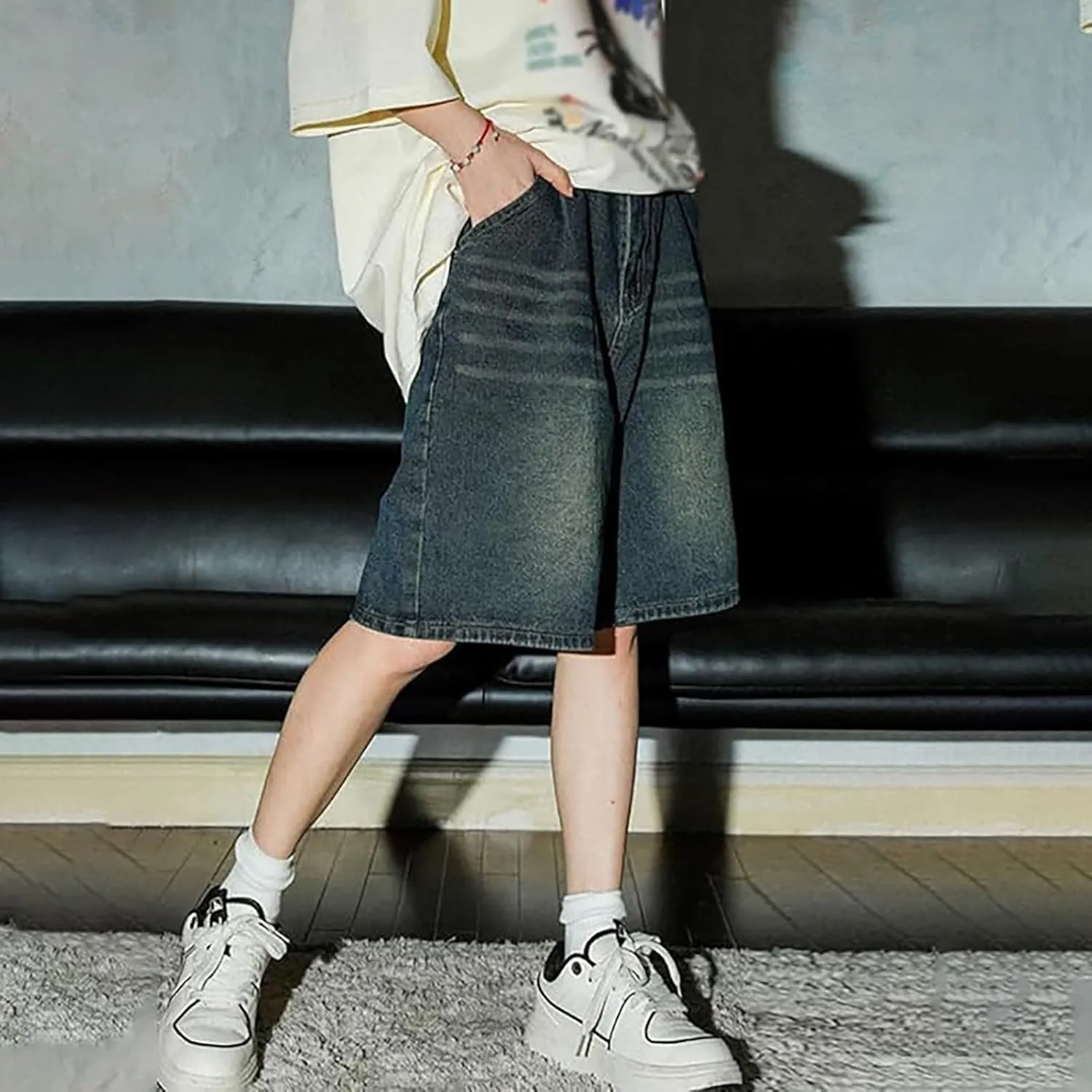 Men's Loose Fit Hip Hop Cropped Jean Shorts Baggy Denim Shorts with Pockets Casual Summer Streetwear Clothes