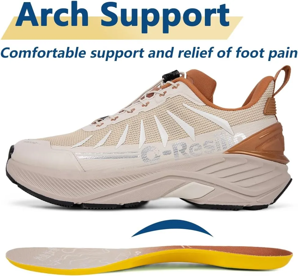 Men's Max Cushioned Quick Laces Hiking Walking Shoes with Arch Support Plantar Fasciitis Pain Relief Breathable Outdoor Trailing Running Sneakers Non Slip Trekking Camping Shoes