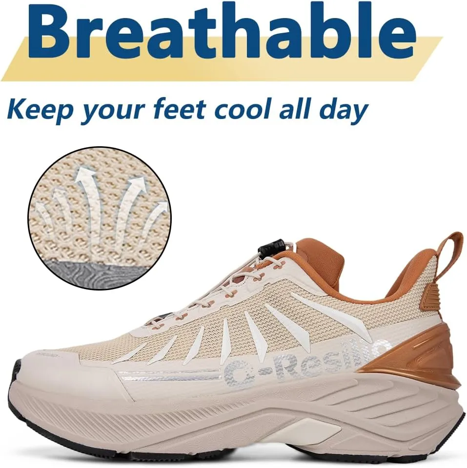 Men's Max Cushioned Quick Laces Hiking Walking Shoes with Arch Support Plantar Fasciitis Pain Relief Breathable Outdoor Trailing Running Sneakers Non Slip Trekking Camping Shoes