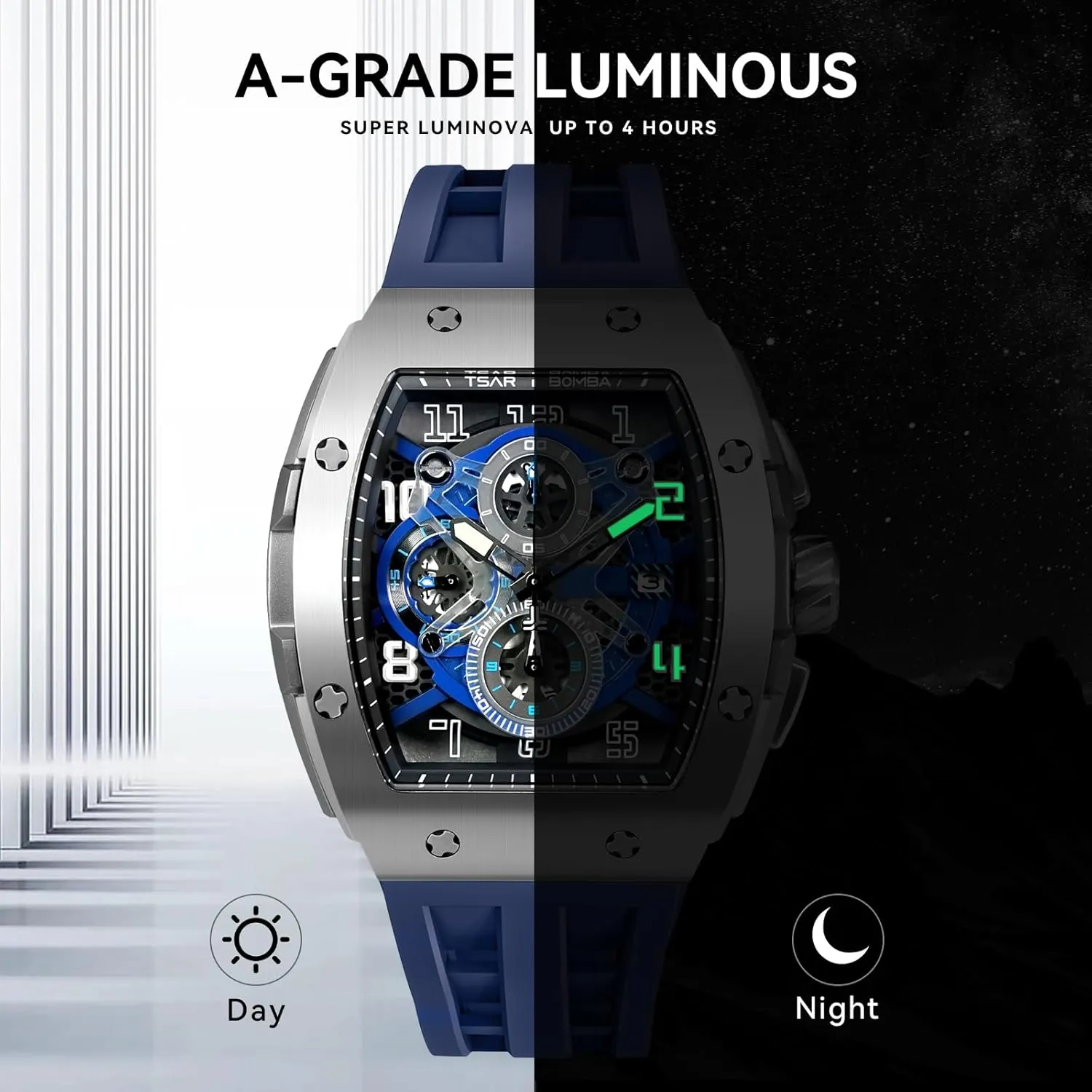 Mens Watches Luxury Tonneau Watches for Men Waterproof 50M Analog Replica Watch Chronograph Calendar Date Men’s Dress Business Work Watch Diver Large Square Face Wristwatch