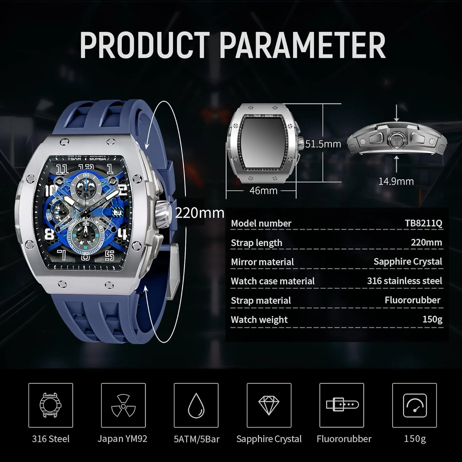Mens Watches Luxury Tonneau Watches for Men Waterproof 50M Analog Replica Watch Chronograph Calendar Date Men’s Dress Business Work Watch Diver Large Square Face Wristwatch