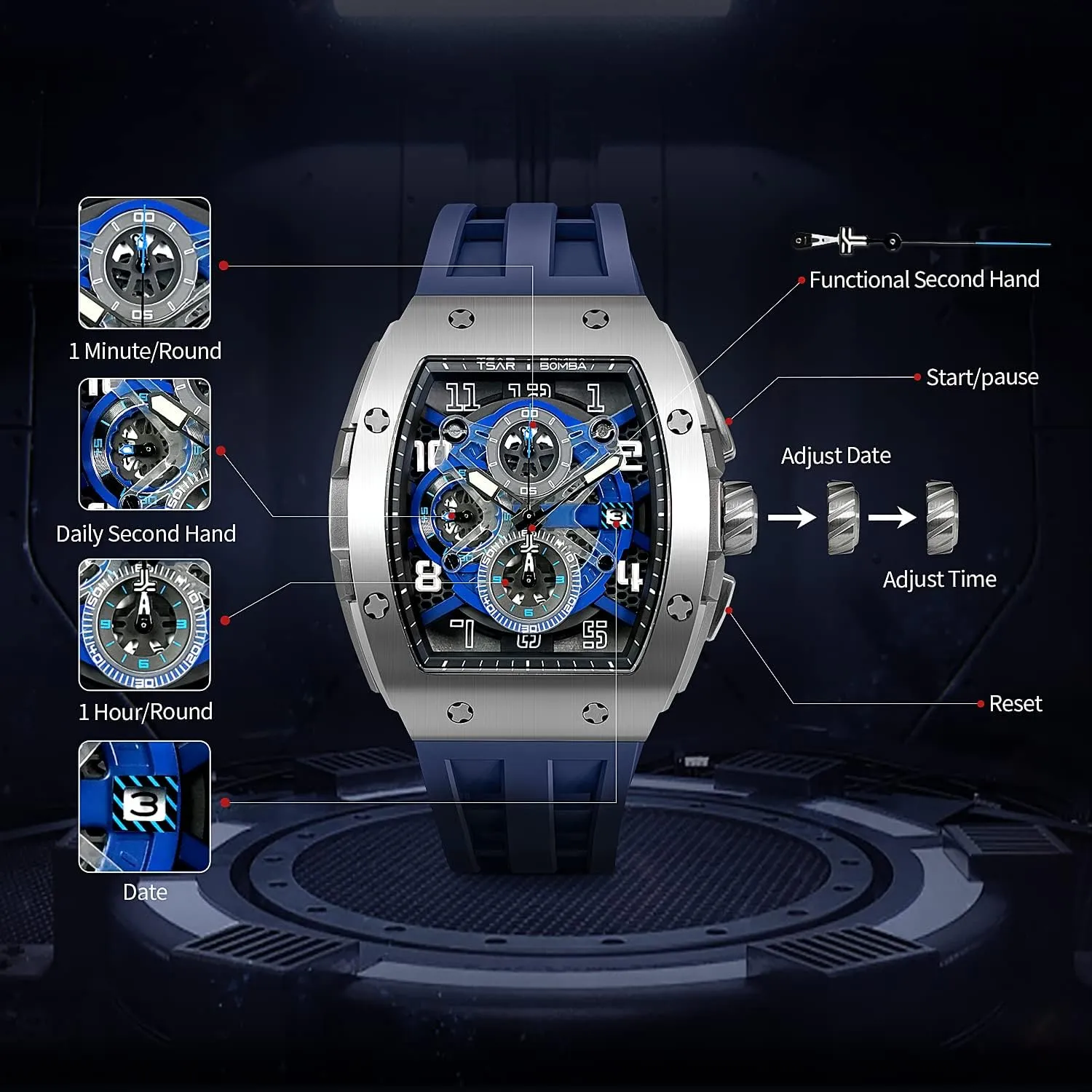 Mens Watches Luxury Tonneau Watches for Men Waterproof 50M Analog Replica Watch Chronograph Calendar Date Men’s Dress Business Work Watch Diver Large Square Face Wristwatch
