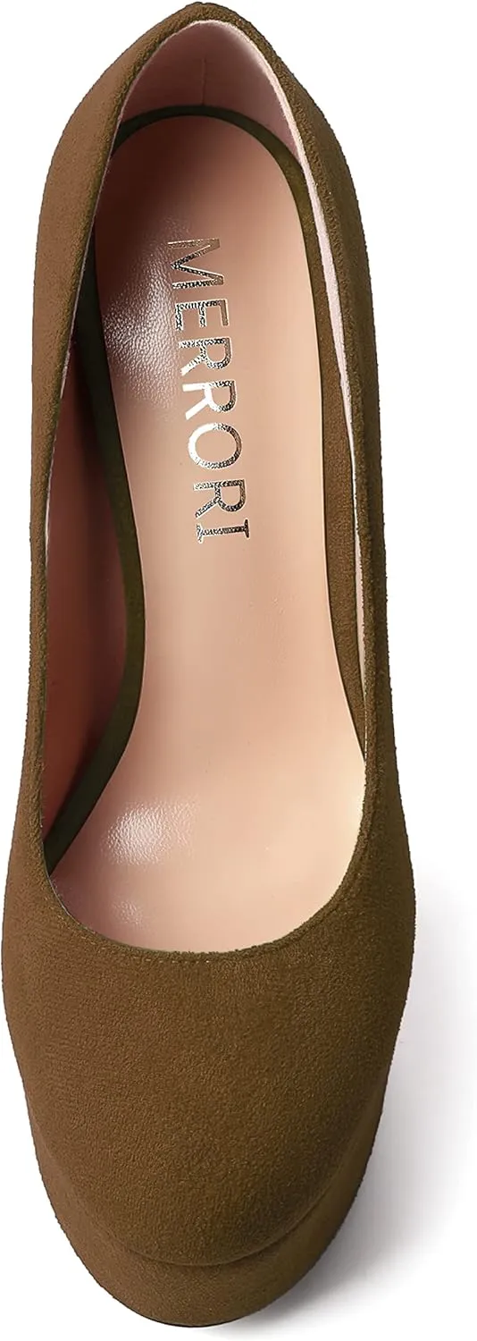 MERRORI Womens Evening Slip On Sexy Round Toe Suede Platform Chunky High Heel Pumps Shoes 6 Inch