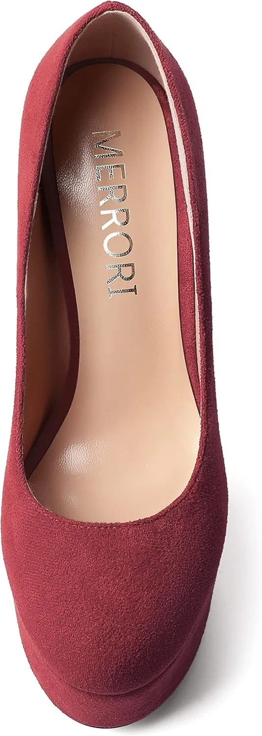 MERRORI Womens Evening Slip On Sexy Round Toe Suede Platform Chunky High Heel Pumps Shoes 6 Inch