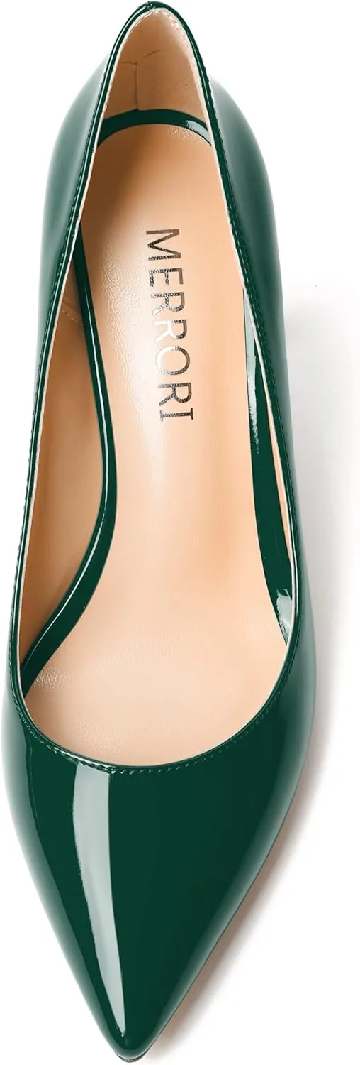 MERRORI Women's Heels Slip On Dress Patent Dating Solid Pointed Toe Stiletto High Heel Pumps Shoes 3.3 Inch