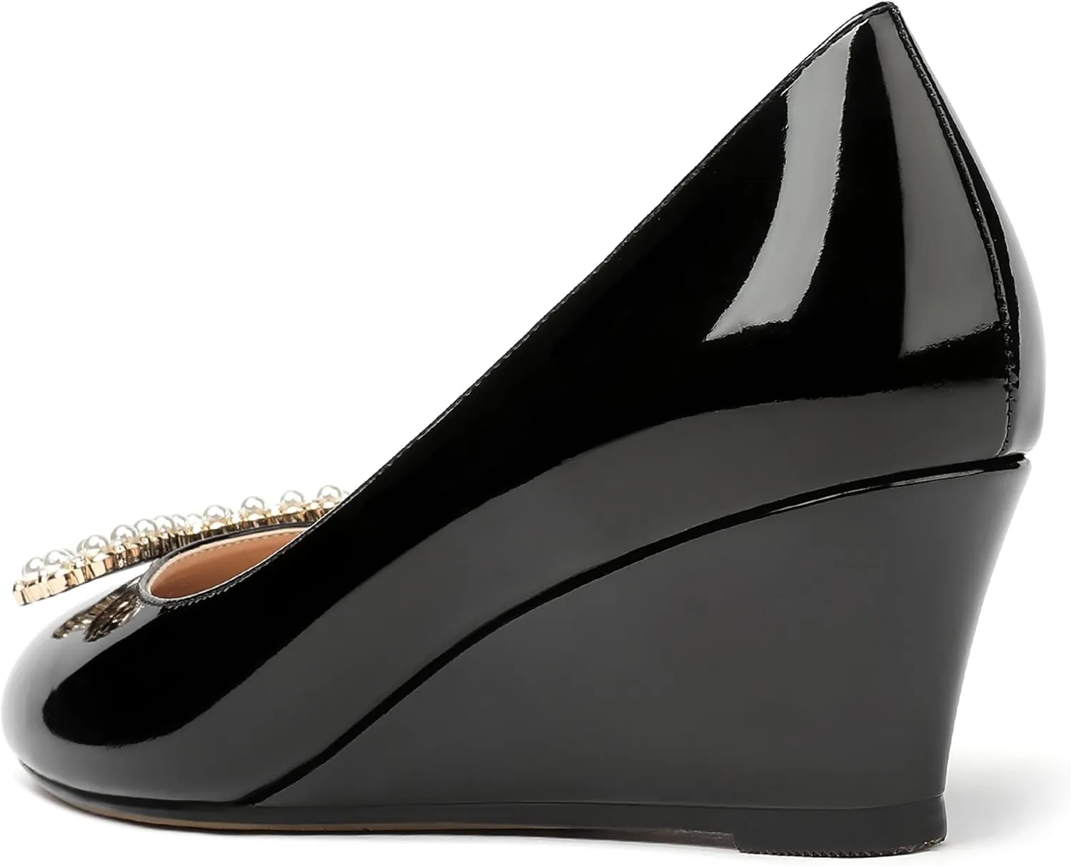 MERRORI Women's Pumps Wedge Low Heels Pumps Patent Slip On Rhinestones Bow Round Toe Shoes 2 Inch