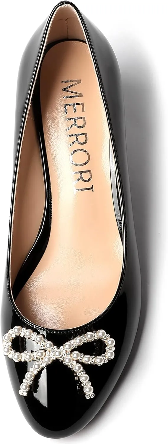 MERRORI Women's Pumps Wedge Low Heels Pumps Patent Slip On Rhinestones Bow Round Toe Shoes 2 Inch