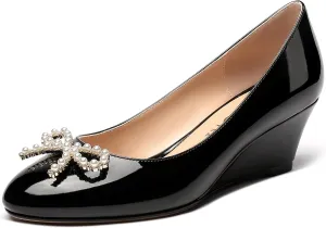 MERRORI Women's Pumps Wedge Low Heels Pumps Patent Slip On Rhinestones Bow Round Toe Shoes 2 Inch
