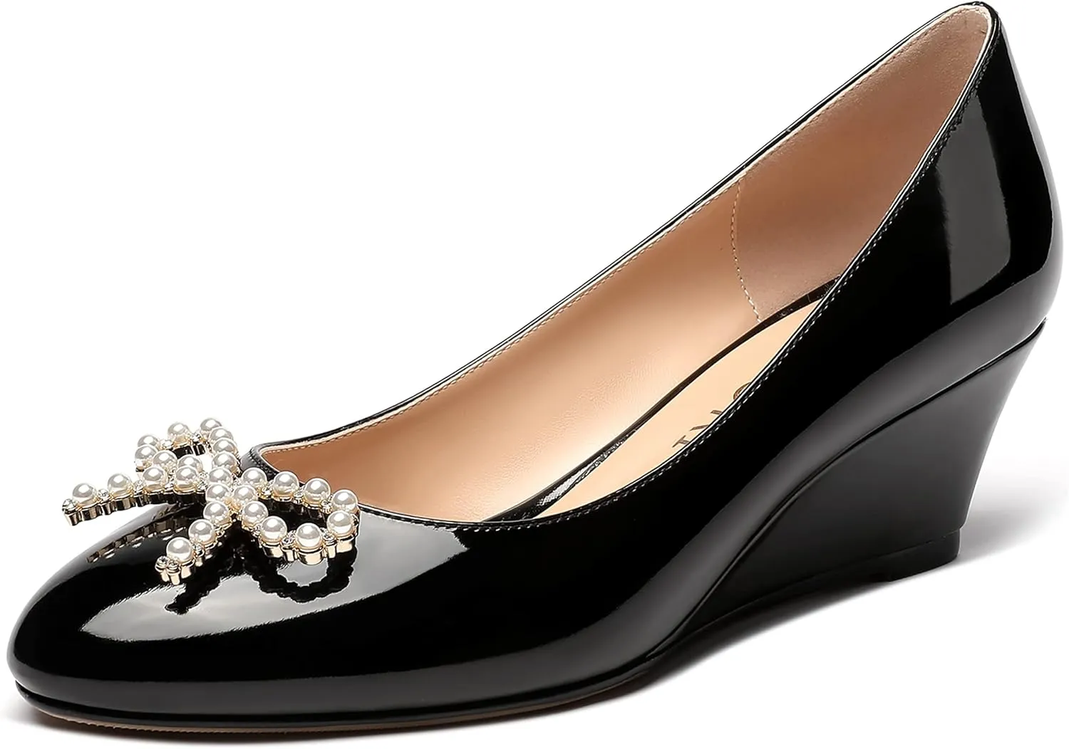 MERRORI Women's Pumps Wedge Low Heels Pumps Patent Slip On Rhinestones Bow Round Toe Shoes 2 Inch