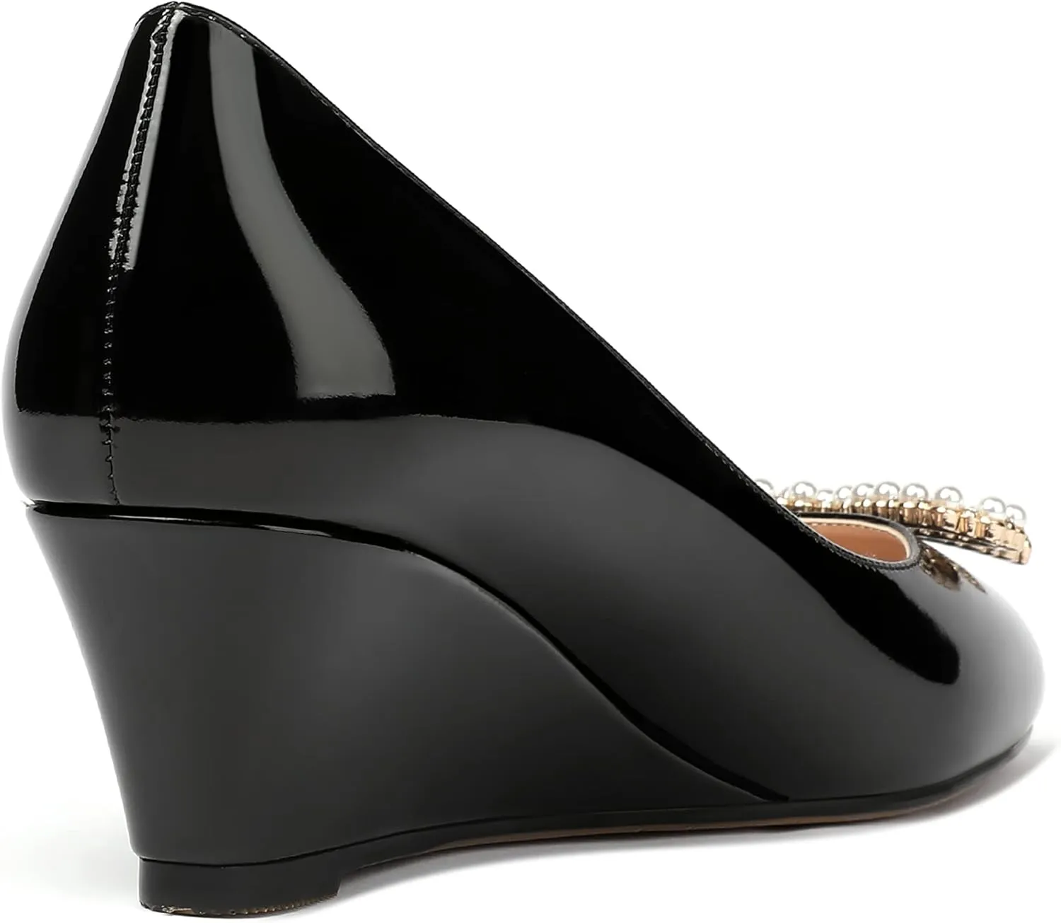 MERRORI Women's Pumps Wedge Low Heels Pumps Patent Slip On Rhinestones Bow Round Toe Shoes 2 Inch