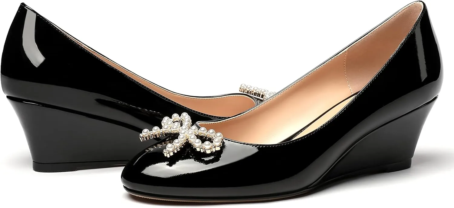 MERRORI Women's Pumps Wedge Low Heels Pumps Patent Slip On Rhinestones Bow Round Toe Shoes 2 Inch