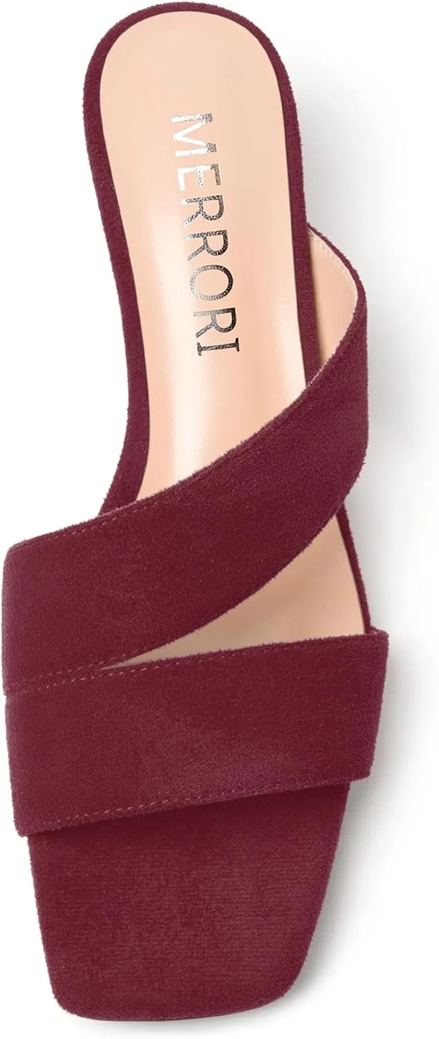 MERRORI Womens Slip On Casual Open Toe Evening Suede Chunky Low Heel Heeled Sandals 1.5 Inch