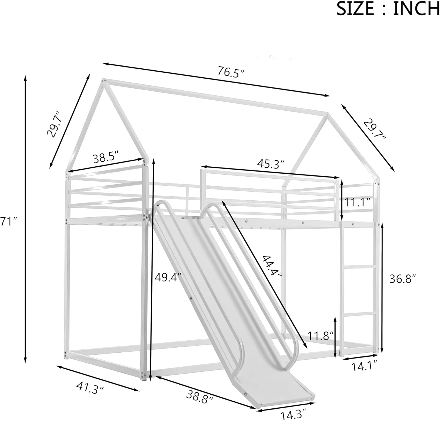 Metal Bunk Bed with Slide, Low Bunk Bed Twin Over Twin, Junior House BunkBed for Girls Boys, Metal Bunkbeds with Full-Length Guardrail & Ladder, No Box Spring Needed, Easy to Assemble, White