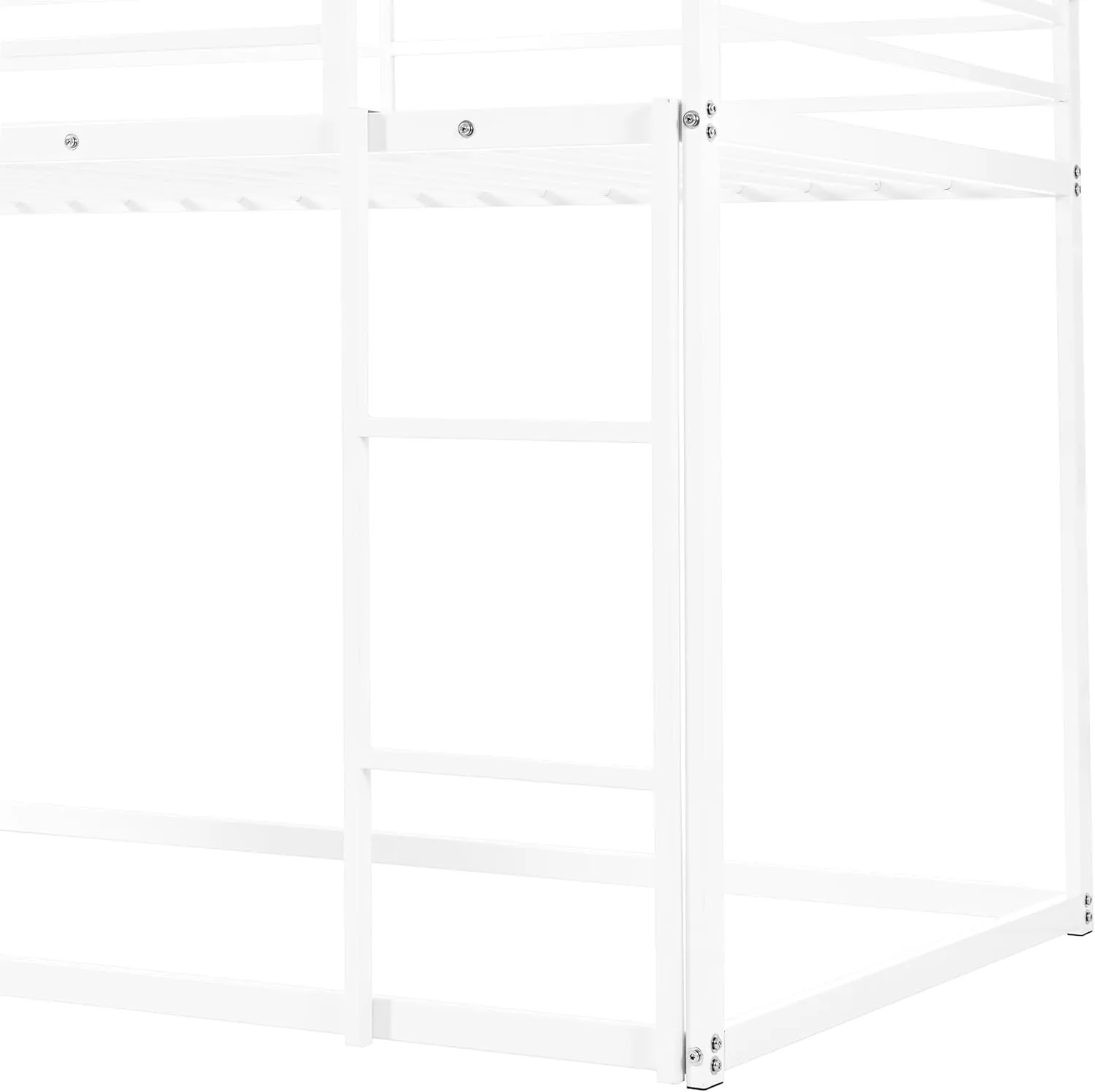 Metal Bunk Bed with Slide, Low Bunk Bed Twin Over Twin, Junior House BunkBed for Girls Boys, Metal Bunkbeds with Full-Length Guardrail & Ladder, No Box Spring Needed, Easy to Assemble, White