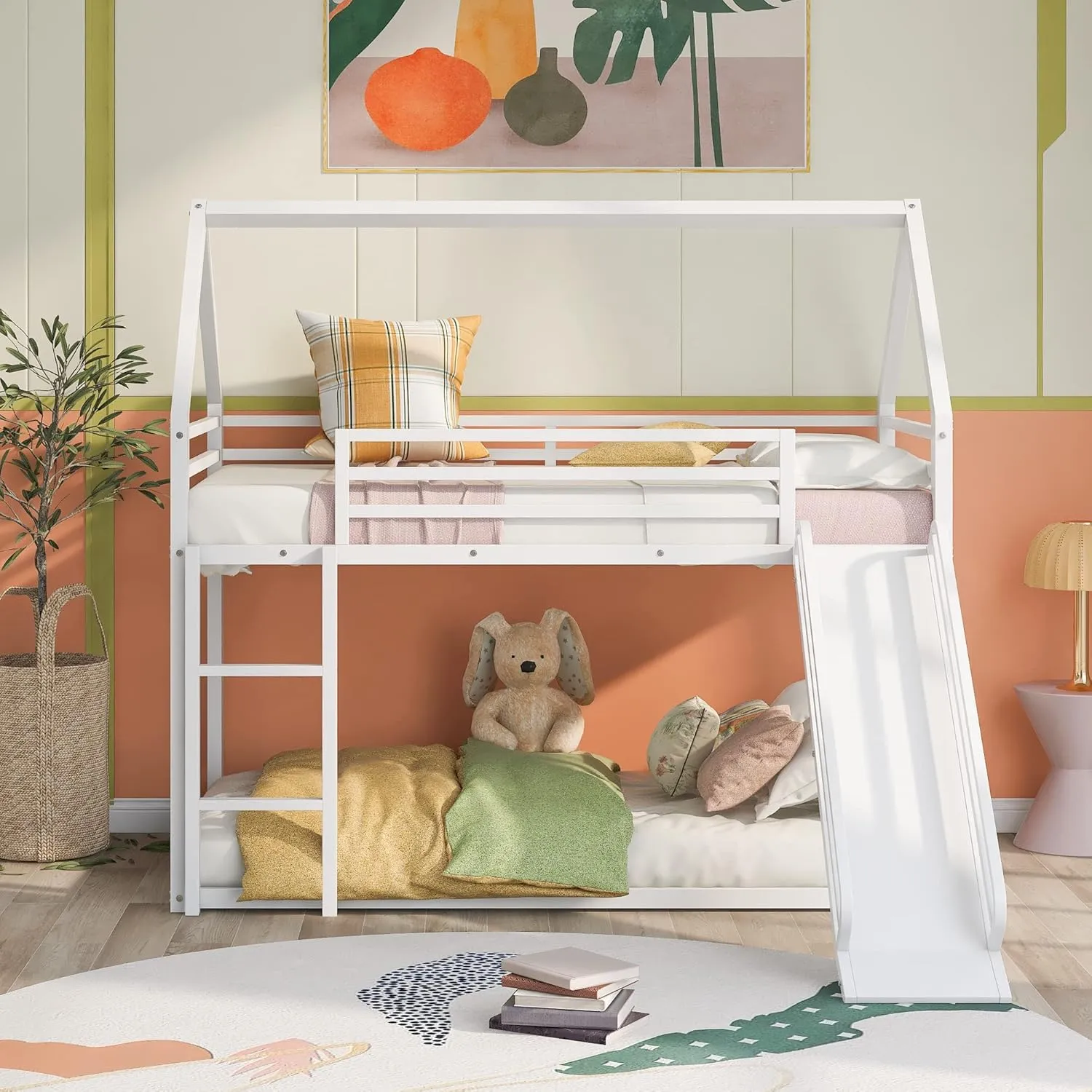 Metal Bunk Bed with Slide, Low Bunk Bed Twin Over Twin, Junior House BunkBed for Girls Boys, Metal Bunkbeds with Full-Length Guardrail & Ladder, No Box Spring Needed, Easy to Assemble, White