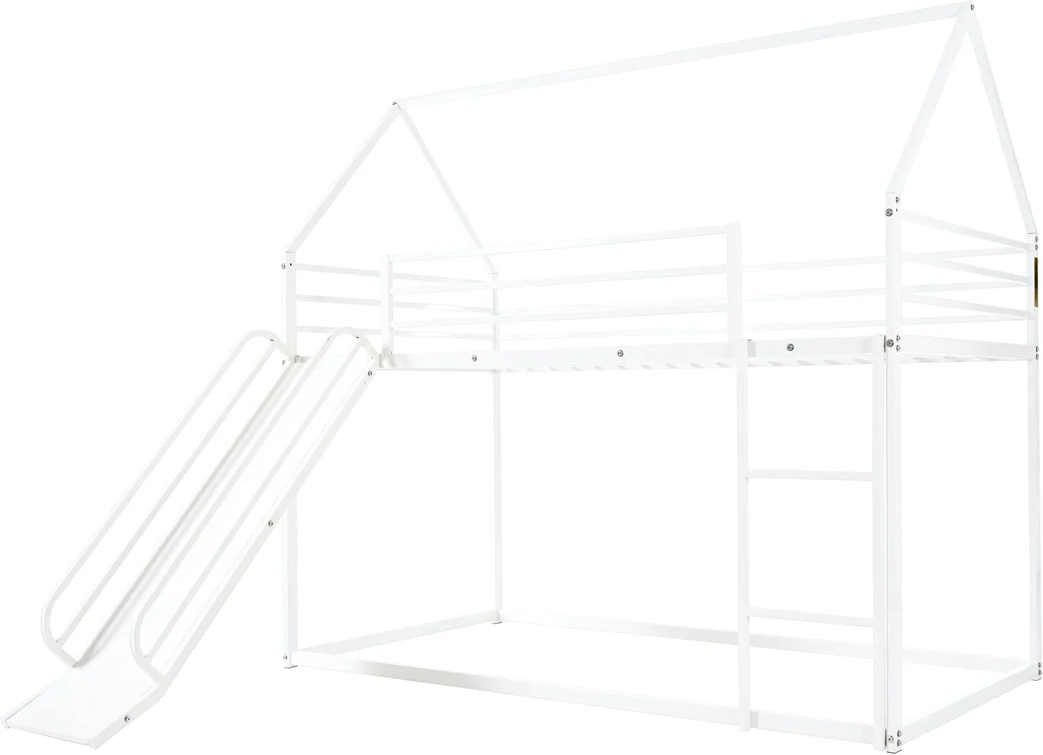 Metal Bunk Bed with Slide, Low Bunk Bed Twin Over Twin, Junior House BunkBed for Girls Boys, Metal Bunkbeds with Full-Length Guardrail & Ladder, No Box Spring Needed, Easy to Assemble, White