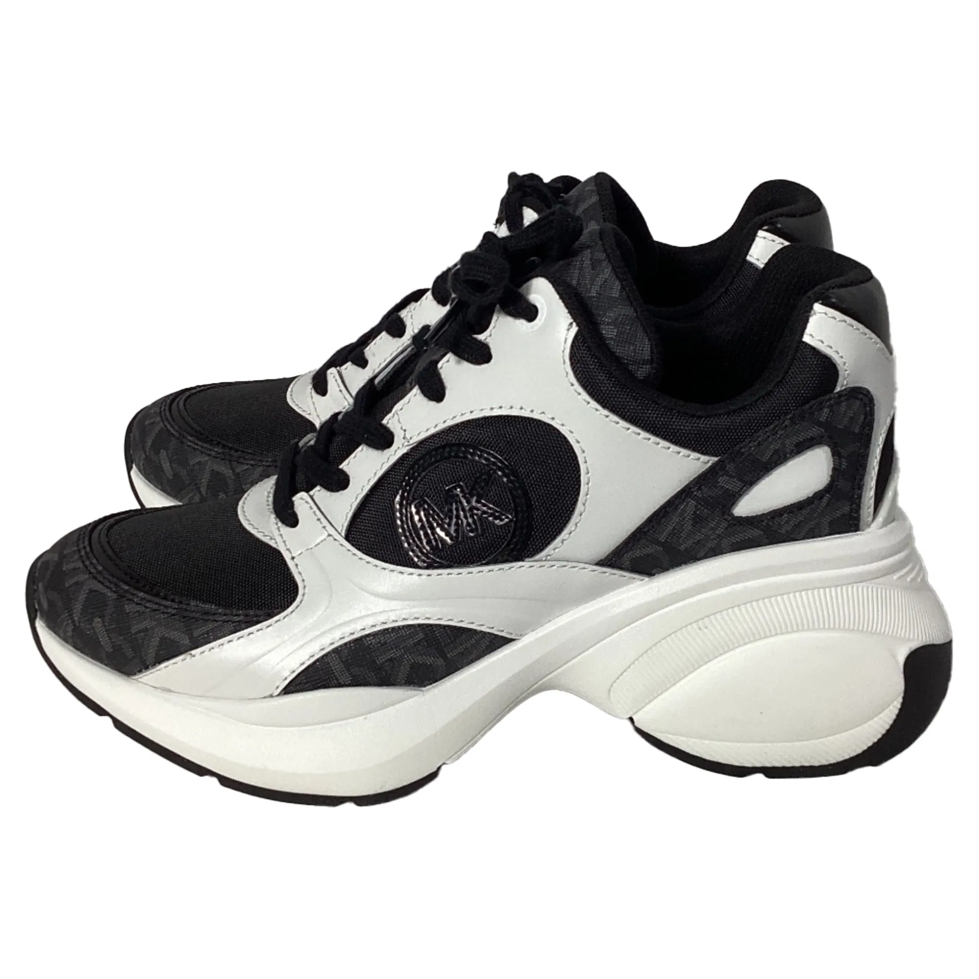 Michael Kors Zuma Empire Signature Logo and Mesh Trainer in Black and White Leather