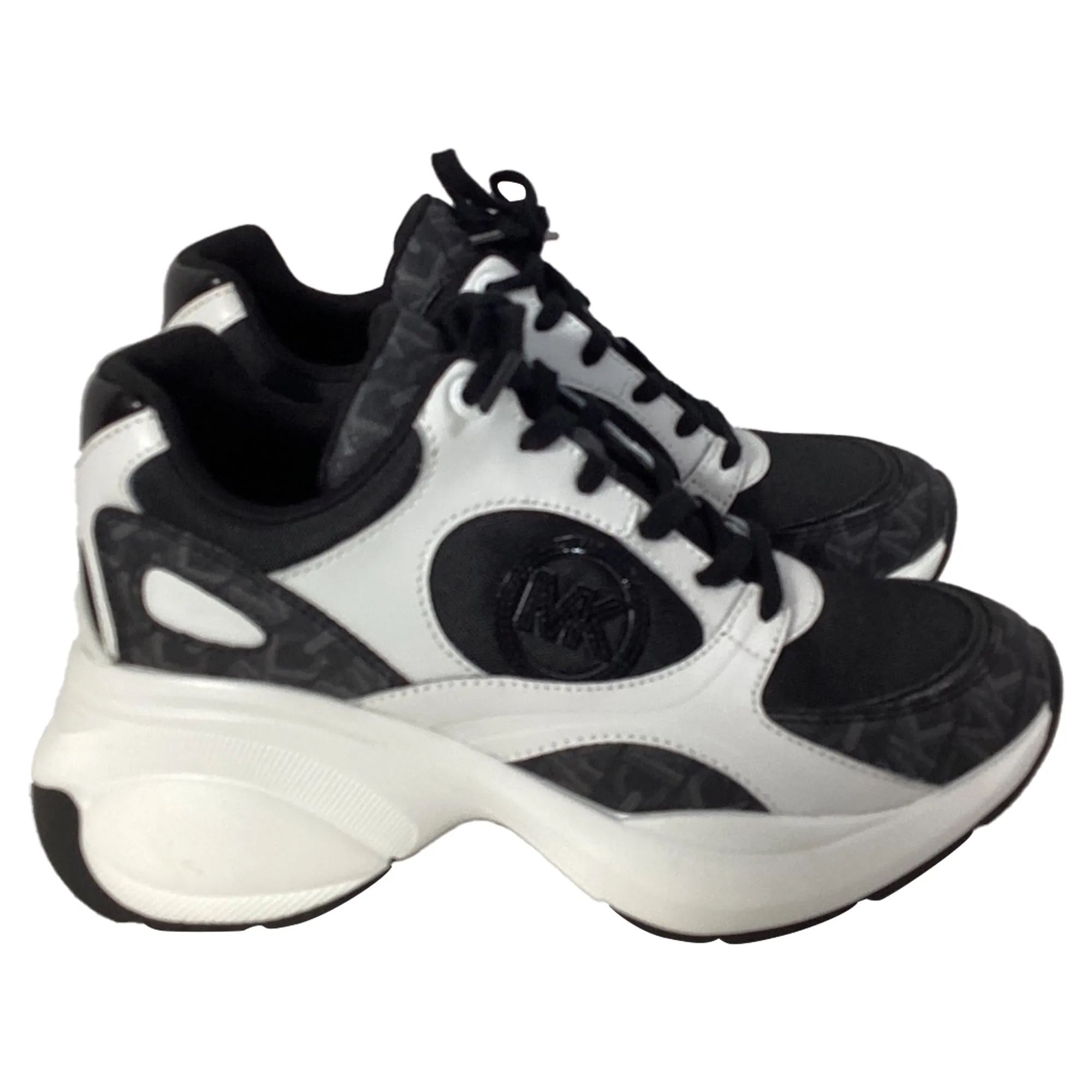 Michael Kors Zuma Empire Signature Logo and Mesh Trainer in Black and White Leather