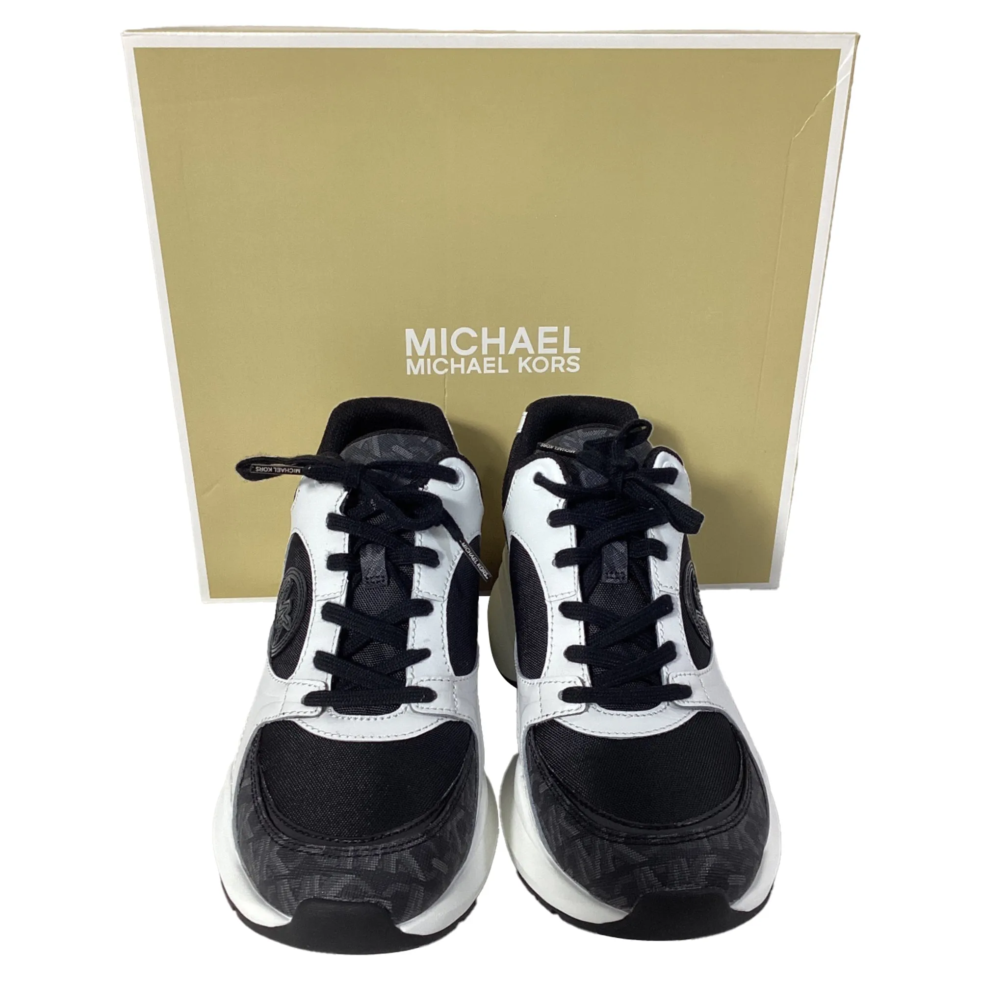 Michael Kors Zuma Empire Signature Logo and Mesh Trainer in Black and White Leather