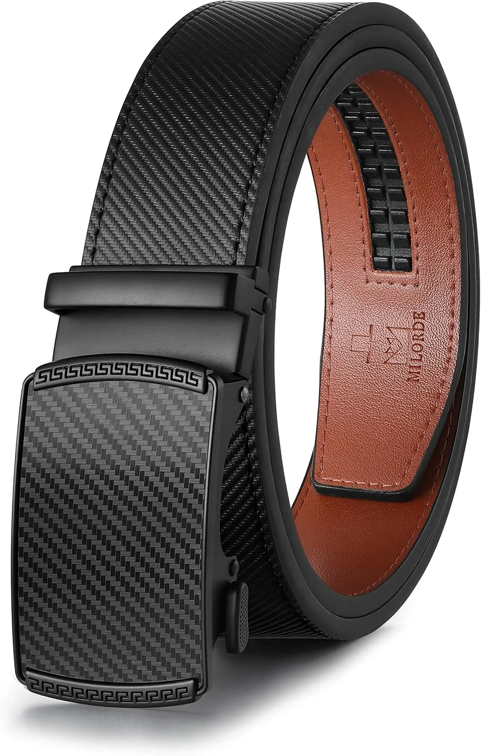 MILORDE Men's Ratchet Leather Belt for Casual Golf Dress Pants Shirts, Adjustable Fit, Comfortable and Easy To Use （35mm）