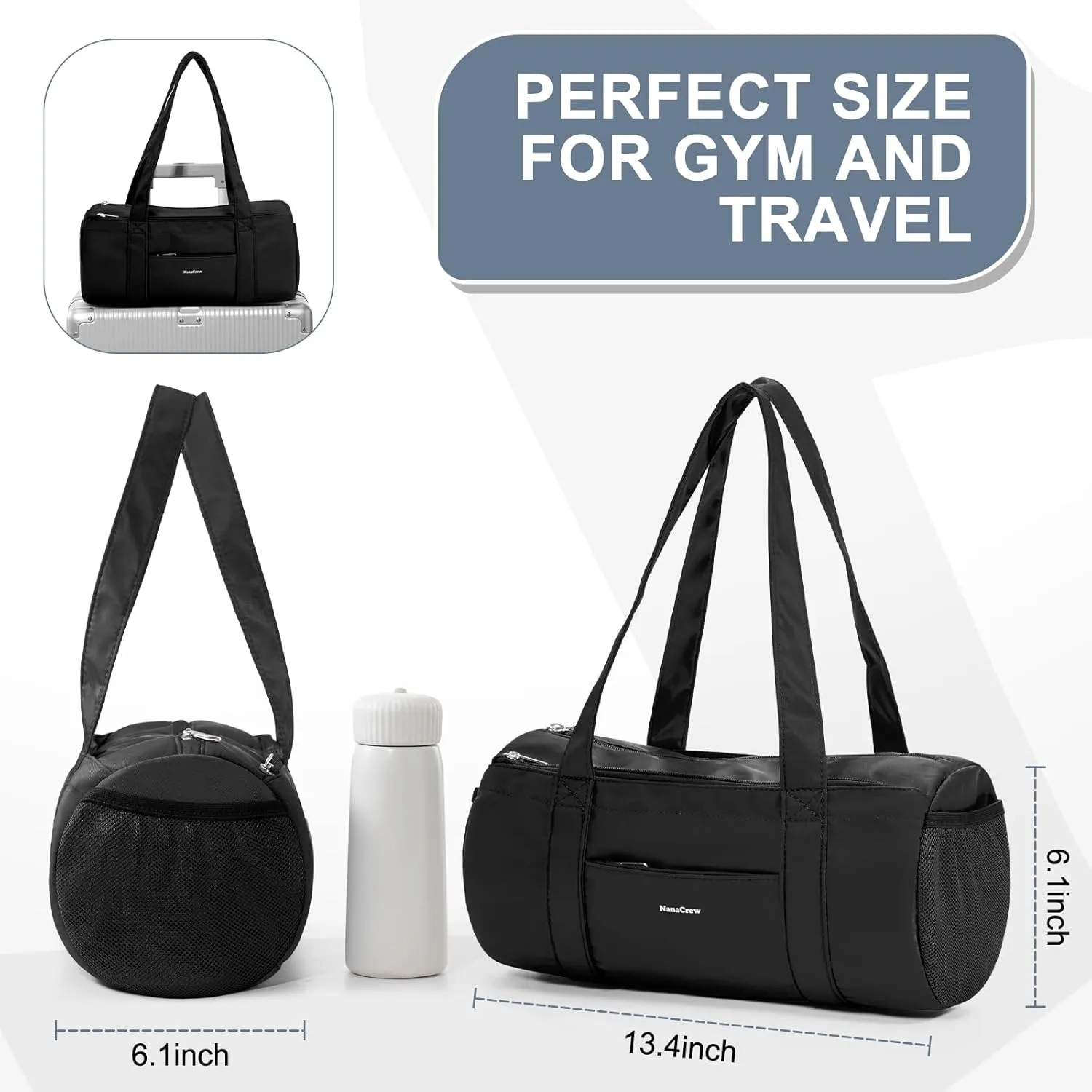 Mini Duffle Bag 13.78” Small Gym Bag, Lightweight Carry On Weekender Overnight Bag for Women Travel, Sport, Easy Daily Outings, 13.78"x6.7"x6.7", Black