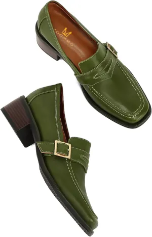 MOOMMO Women Classic Penny Loafers Closed Square Toe Patent Low Heel Loafers Slip On Metal Buckle 2" Chunky Heel Comfy Office Lady Vintage Dress Loafer Shoes Size 4-9 M US