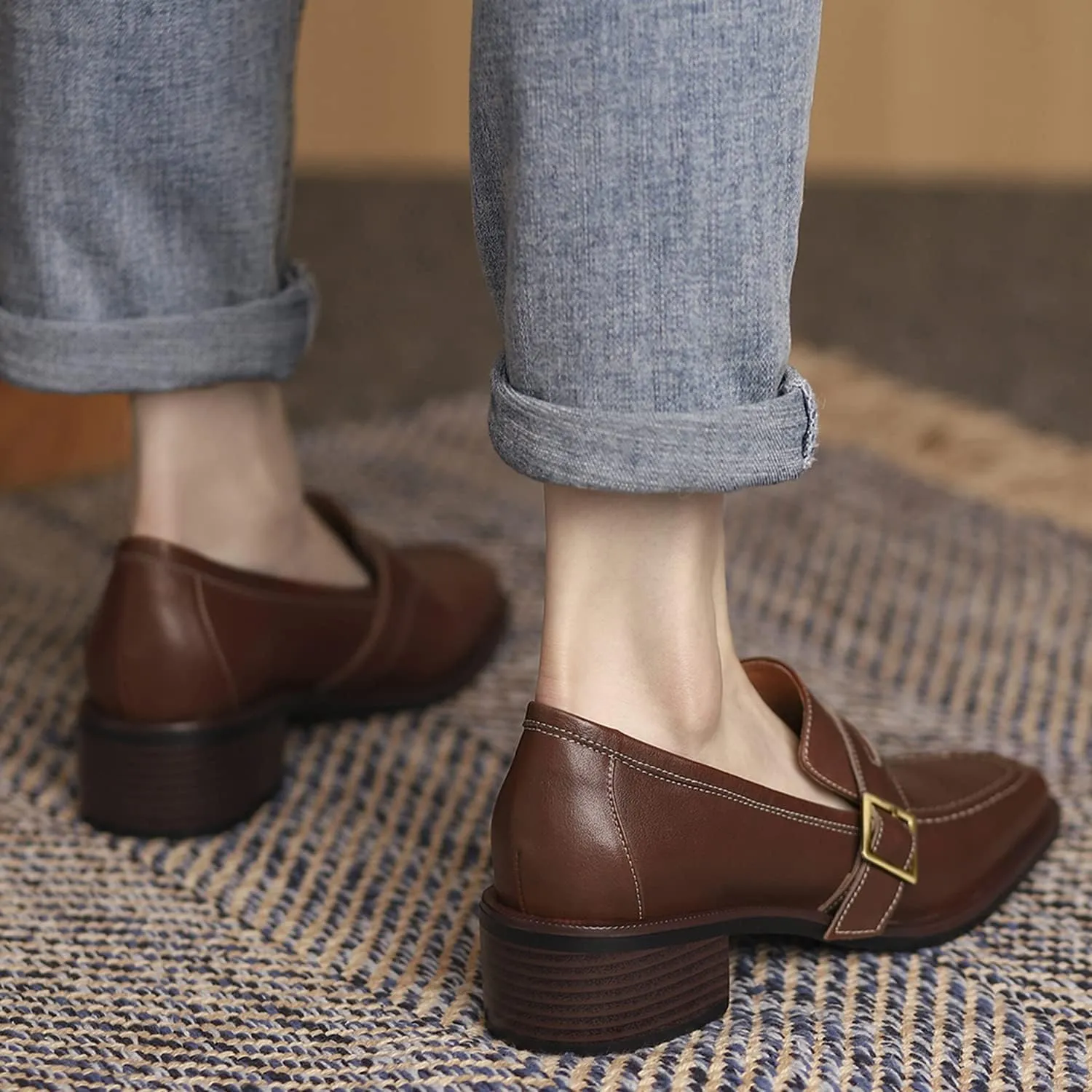MOOMMO Women Classic Penny Loafers Closed Square Toe Patent Low Heel Loafers Slip On Metal Buckle 2" Chunky Heel Comfy Office Lady Vintage Dress Loafer Shoes Size 4-9 M US