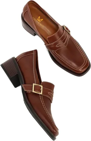 MOOMMO Women Classic Penny Loafers Closed Square Toe Patent Low Heel Loafers Slip On Metal Buckle 2" Chunky Heel Comfy Office Lady Vintage Dress Loafer Shoes Size 4-9 M US