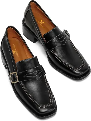 MOOMMO Women Classic Penny Loafers Closed Square Toe Patent Low Heel Loafers Slip On Metal Buckle 2" Chunky Heel Comfy Office Lady Vintage Dress Loafer Shoes Size 4-9 M US
