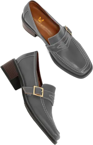 MOOMMO Women Classic Penny Loafers Closed Square Toe Patent Low Heel Loafers Slip On Metal Buckle 2" Chunky Heel Comfy Office Lady Vintage Dress Loafer Shoes Size 4-9 M US