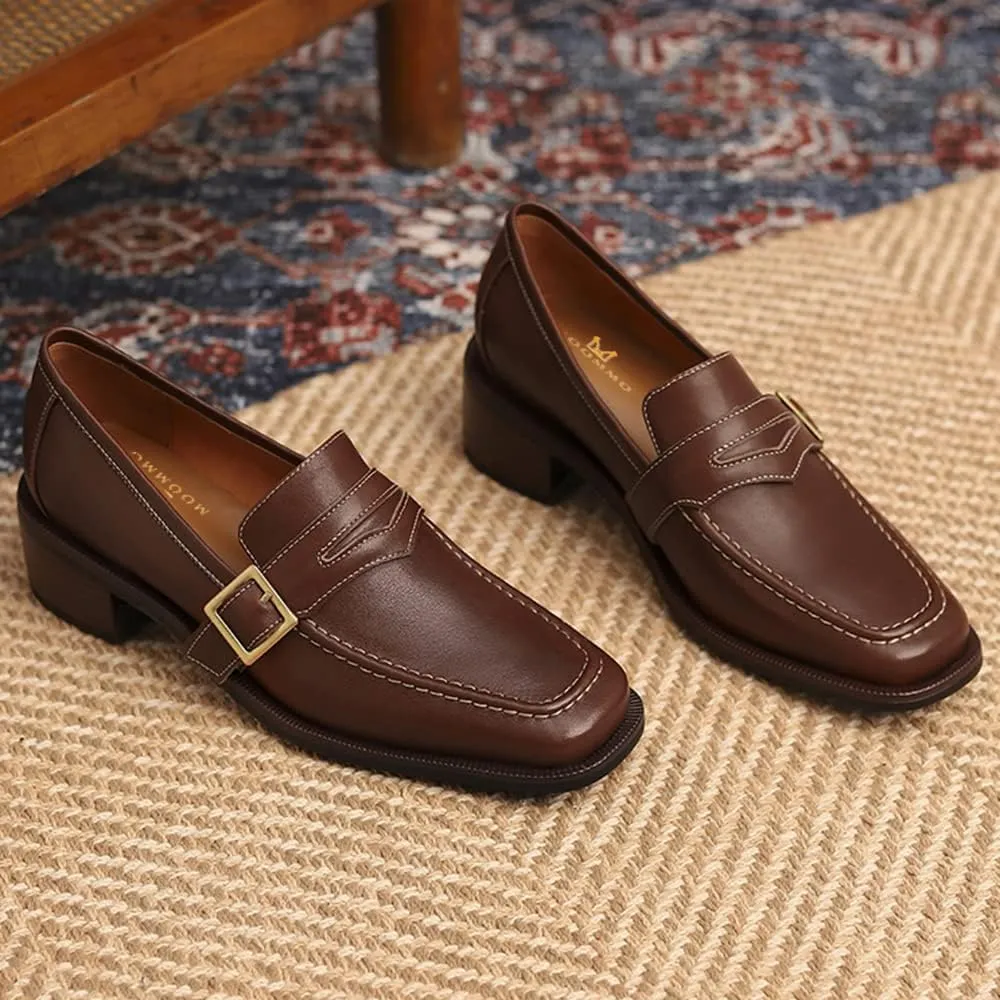MOOMMO Women Classic Penny Loafers Closed Square Toe Patent Low Heel Loafers Slip On Metal Buckle 2" Chunky Heel Comfy Office Lady Vintage Dress Loafer Shoes Size 4-9 M US