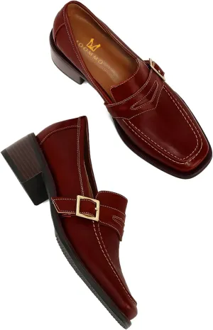 MOOMMO Women Classic Penny Loafers Closed Square Toe Patent Low Heel Loafers Slip On Metal Buckle 2" Chunky Heel Comfy Office Lady Vintage Dress Loafer Shoes Size 4-9 M US