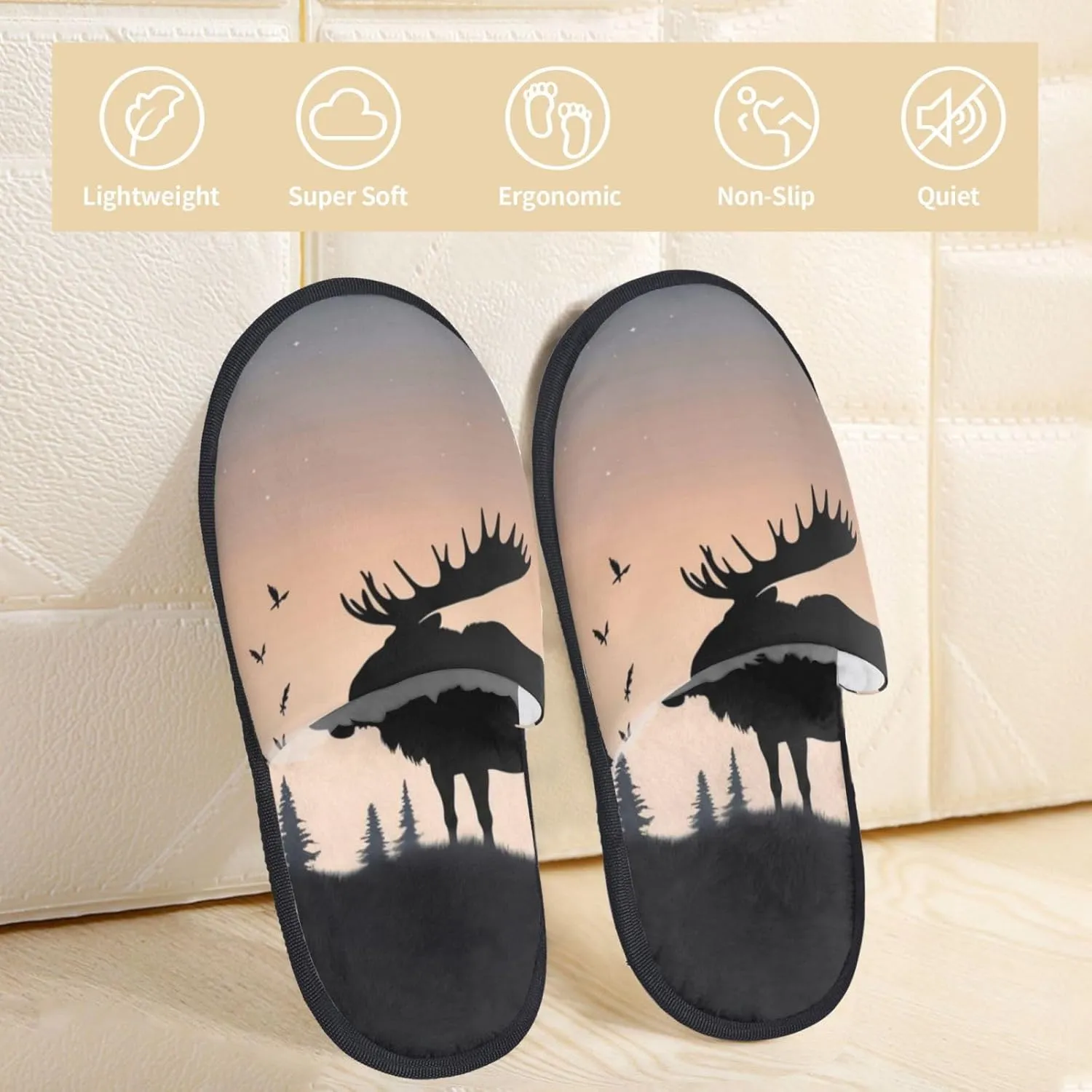 Moose Mountain Pine Tree Printed Slippers Cozy Indoor Slide Unisex House Slippers Soft Plush Slip-on Slippers