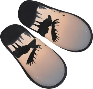 Moose Mountain Pine Tree Printed Slippers Cozy Indoor Slide Unisex House Slippers Soft Plush Slip-on Slippers