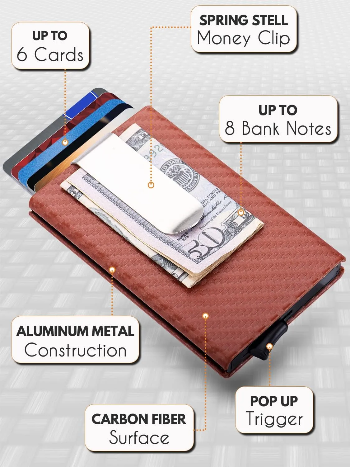 MOSIYEEF Slim Leather Card Holder RFID Wallet for Men - Minimalist Pop Up Men Wallet with Money Clip-wrapped Compact Carbon Fiber Wallet for 6 Credit Cards - Gifts for Him-Caramel red