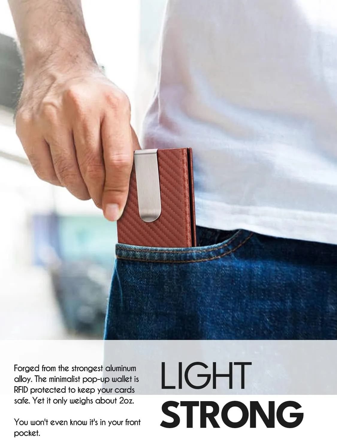 MOSIYEEF Slim Leather Card Holder RFID Wallet for Men - Minimalist Pop Up Men Wallet with Money Clip-wrapped Compact Carbon Fiber Wallet for 6 Credit Cards - Gifts for Him-Caramel red