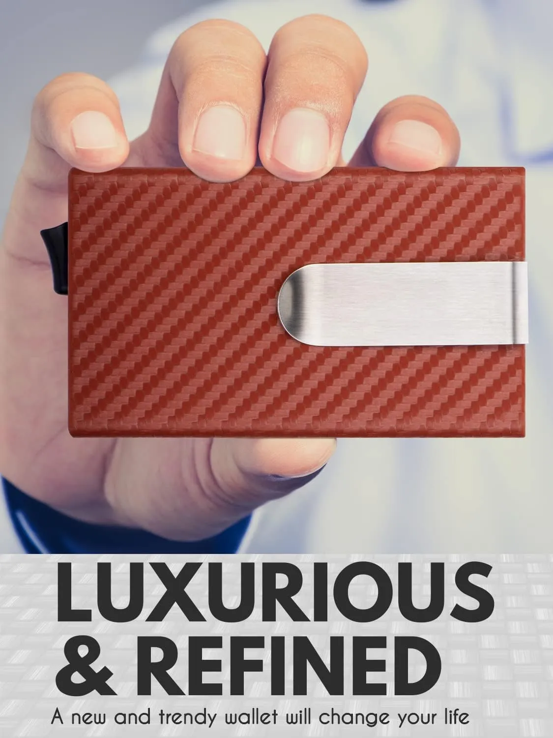 MOSIYEEF Slim Leather Card Holder RFID Wallet for Men - Minimalist Pop Up Men Wallet with Money Clip-wrapped Compact Carbon Fiber Wallet for 6 Credit Cards - Gifts for Him-Caramel red