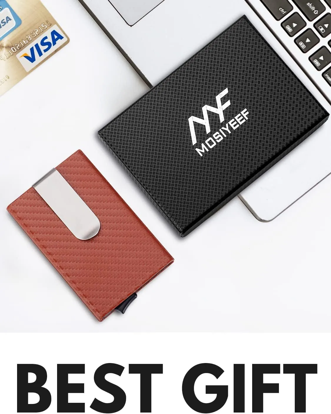 MOSIYEEF Slim Leather Card Holder RFID Wallet for Men - Minimalist Pop Up Men Wallet with Money Clip-wrapped Compact Carbon Fiber Wallet for 6 Credit Cards - Gifts for Him-Caramel red