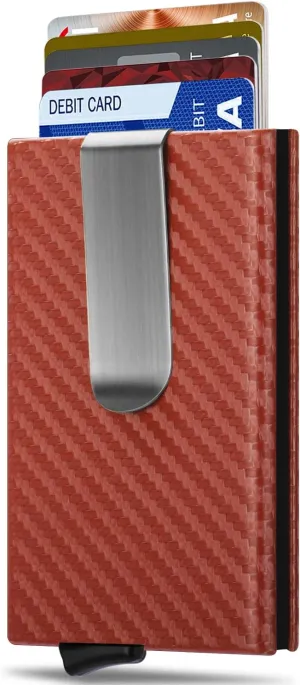 MOSIYEEF Slim Leather Card Holder RFID Wallet for Men - Minimalist Pop Up Men Wallet with Money Clip-wrapped Compact Carbon Fiber Wallet for 6 Credit Cards - Gifts for Him-Caramel red