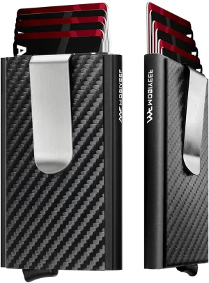 MOSIYEEF Slim Leather Card Holder RFID Wallet for Men - Minimalist Pop Up Men Wallet with Money Clip-wrapped Compact Carbon Fiber Wallet for 6 Credit Cards - Gifts for Him