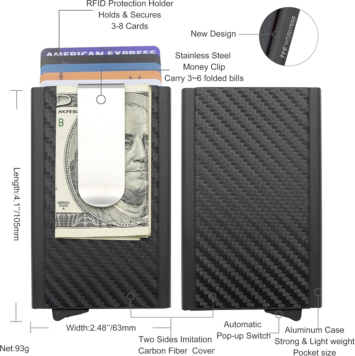 MOSIYEEF Slim Leather Card Holder RFID Wallet for Men - Minimalist Pop Up Men Wallet with Money Clip-wrapped Compact Carbon Fiber Wallet for 6 Credit Cards - Gifts for Him