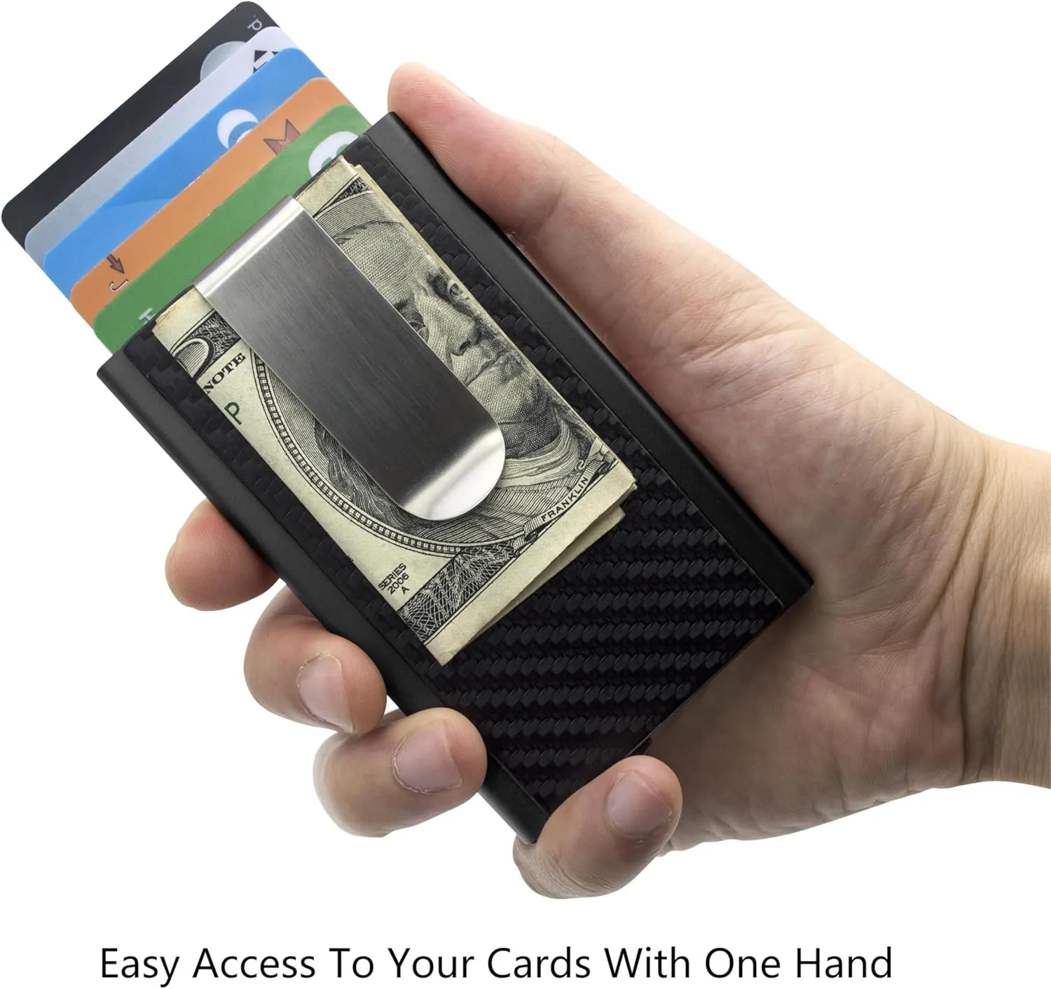 MOSIYEEF Slim Leather Card Holder RFID Wallet for Men - Minimalist Pop Up Men Wallet with Money Clip-wrapped Compact Carbon Fiber Wallet for 6 Credit Cards - Gifts for Him