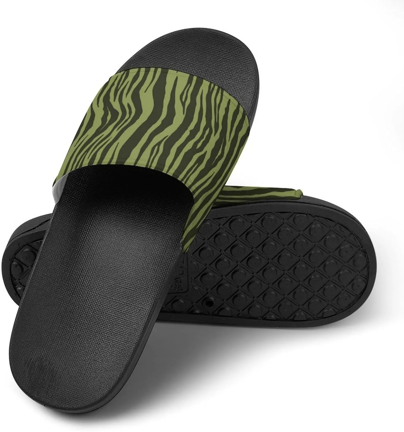 Moss Green Tiger Stripes Animal Print Womens Slide Sandals Non Slip Summer House Slippers for Girls Slip-on Flip Flops