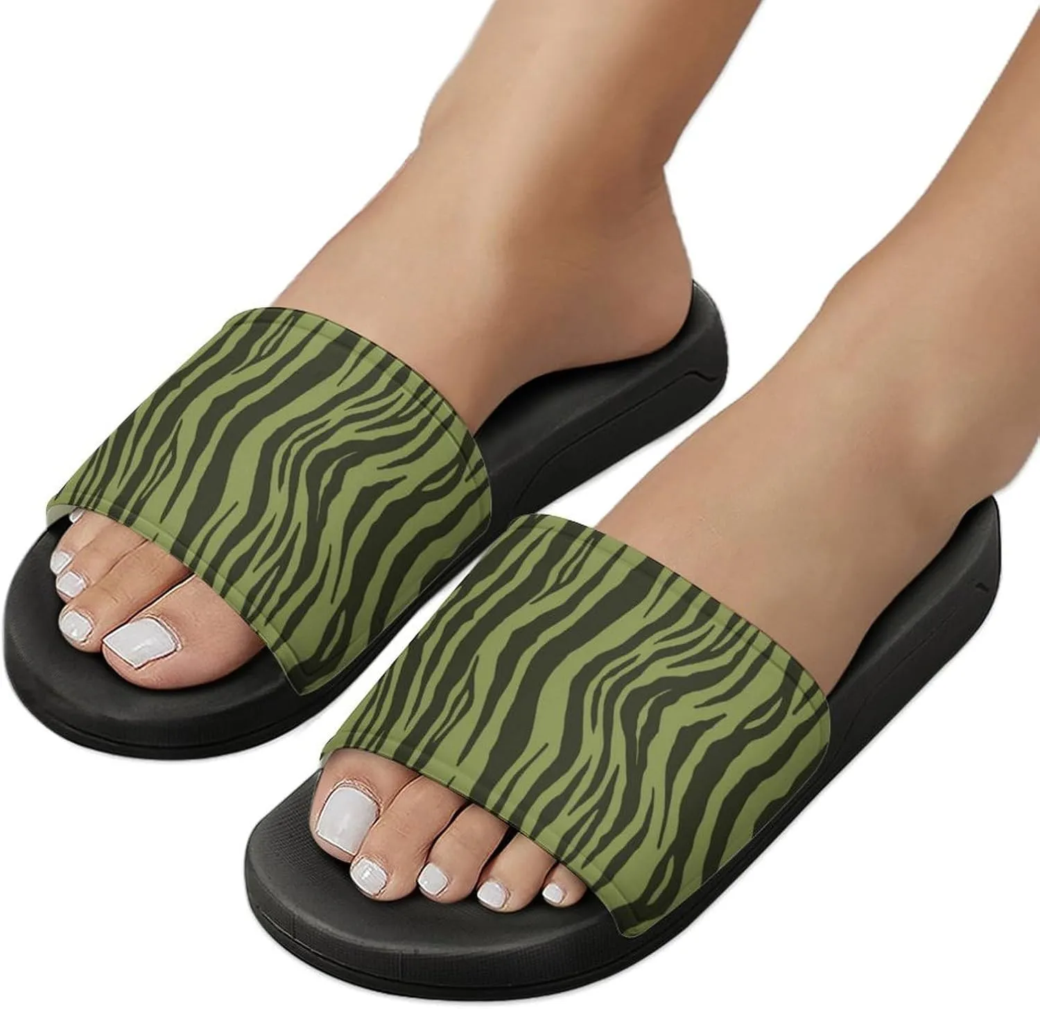 Moss Green Tiger Stripes Animal Print Womens Slide Sandals Non Slip Summer House Slippers for Girls Slip-on Flip Flops